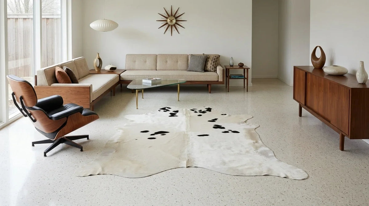 Black and White cowhide rug on hardwood floor in midcentury modern living room
