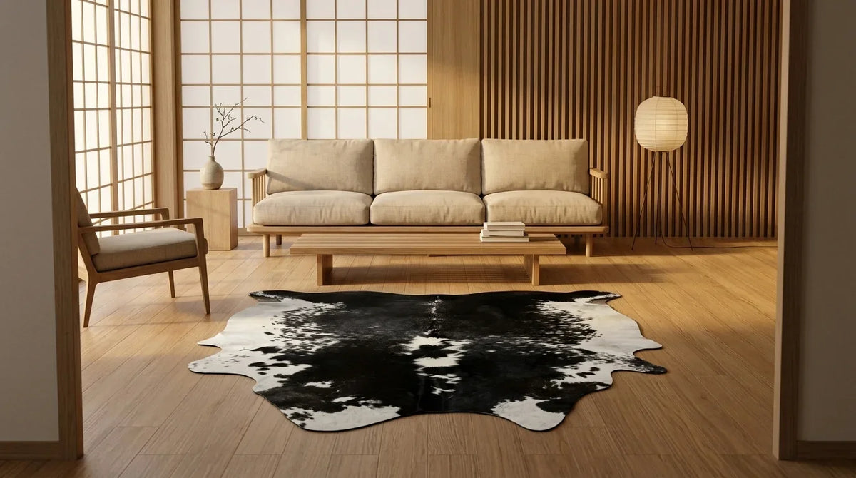 Black and White cowhide rug on hardwood floor in tokyo minimal living room