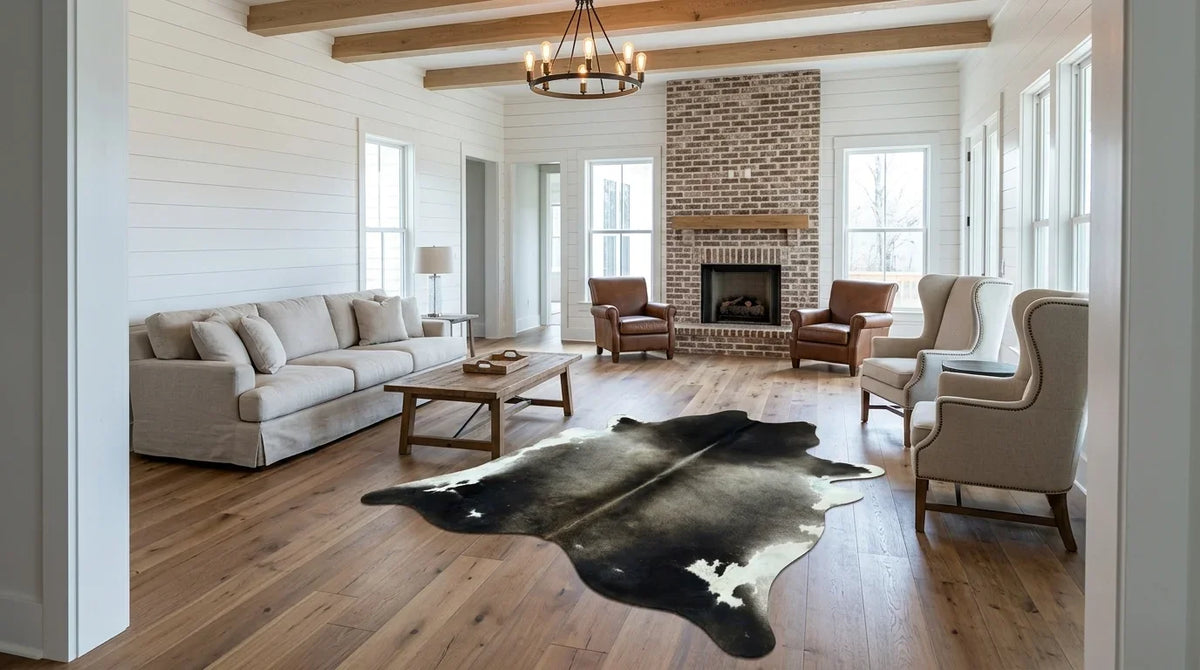 Black and White cowhide rug on hardwood floor in modern farmhouse living room