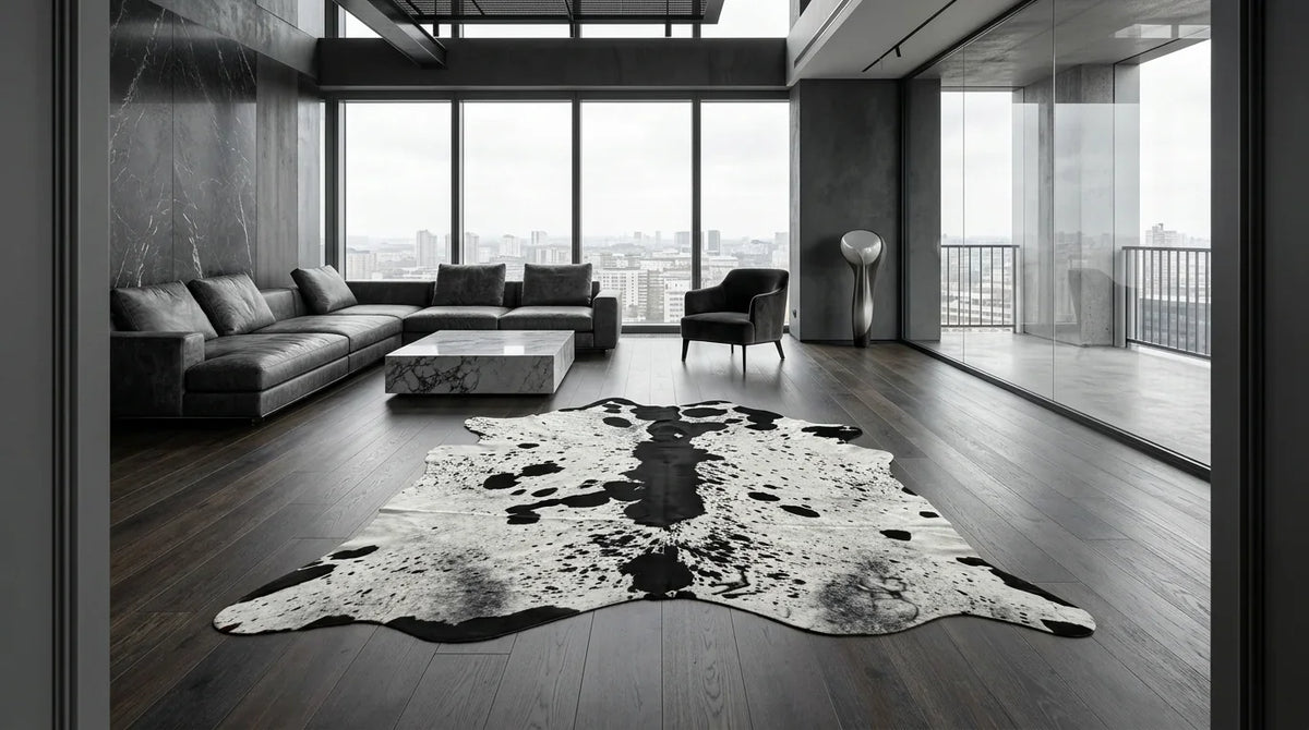 Black and White cowhide rug on hardwood floor in milano penthouse living room