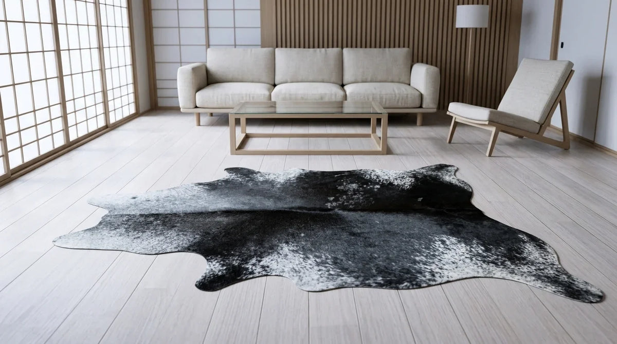 Black and White cowhide rug on hardwood floor in tokyo minimal living room