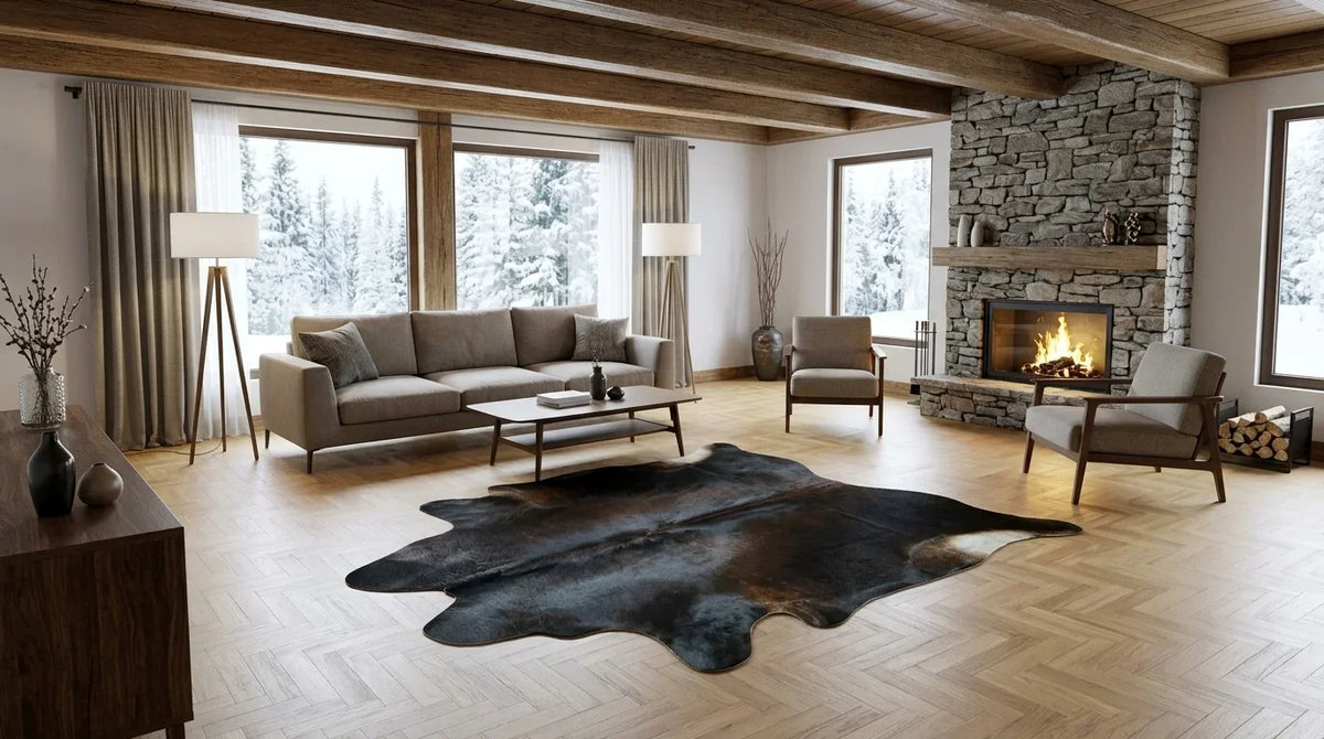 Black and White cowhide rug on hardwood floor in modern chalet living room