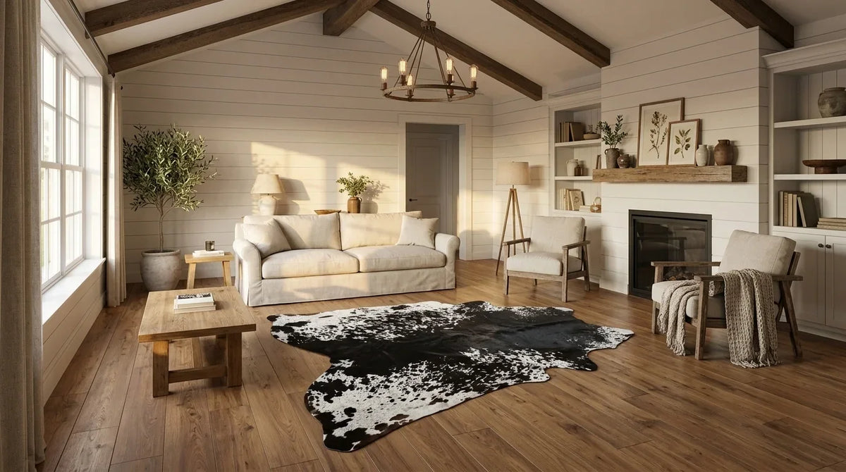 Black and White cowhide rug on hardwood floor in modern farmhouse living room