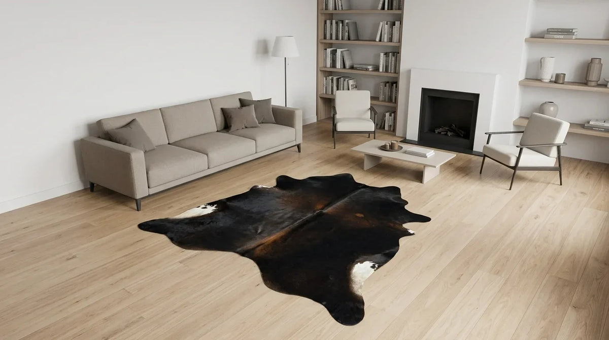 Black and White cowhide rug on hardwood floor in contemporary european living room