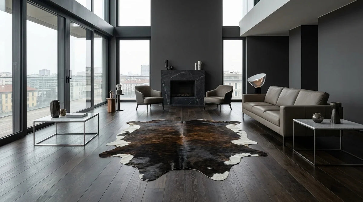 Black and White cowhide rug on hardwood floor in milano penthouse living room