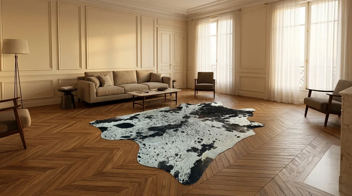 Black and White cowhide rug on hardwood floor in parisian artdeco living room