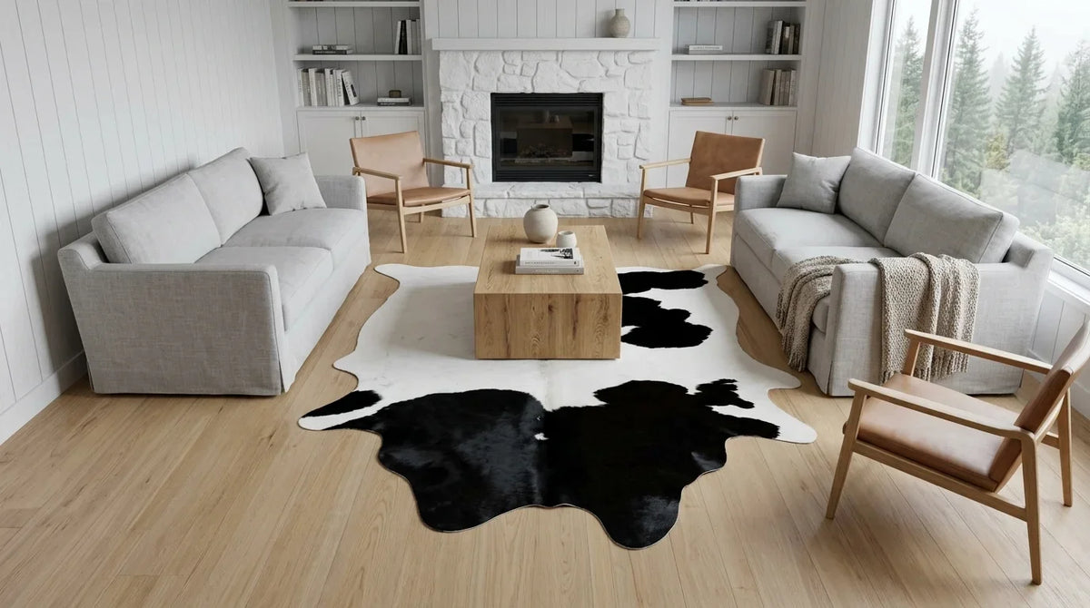 Black and White cowhide rug on hardwood floor in scandinavian cabin living room