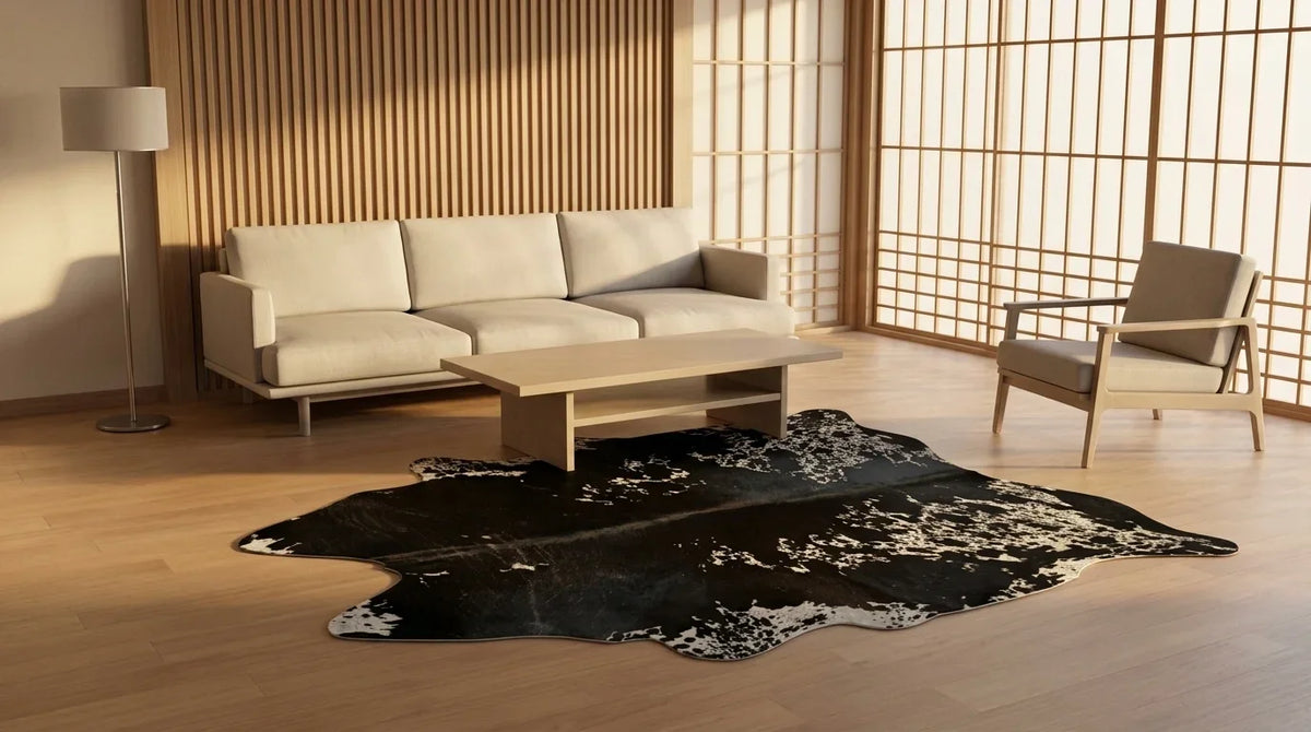 Black and White cowhide rug on hardwood floor in tokyo minimal living room