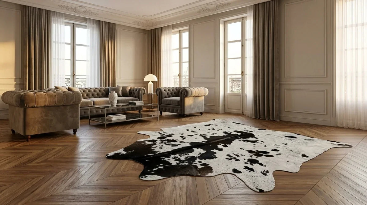 Black and White cowhide rug on hardwood floor in parisian artdeco living room