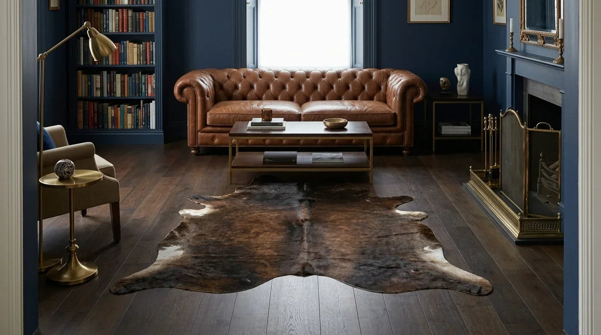 Black and White cowhide rug on hardwood floor in london townhouse living room