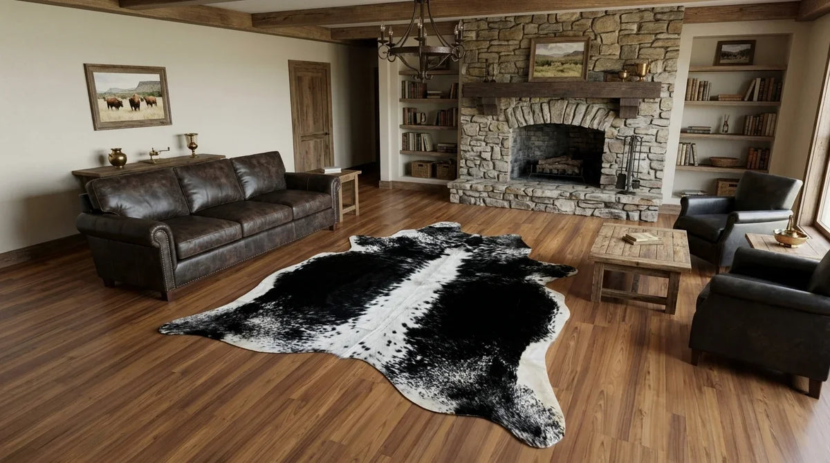 Black and White cowhide rug on hardwood floor in texas ranch living room