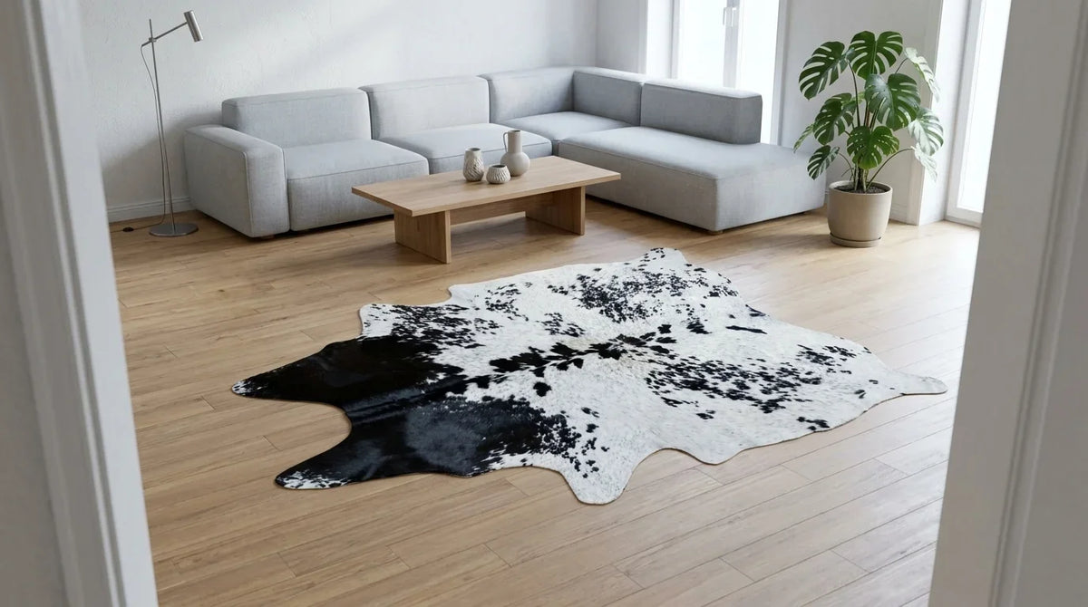 Black and White cowhide rug on hardwood floor in contemporary european living room