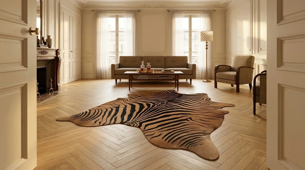 Black and White cowhide rug on hardwood floor in parisian artdeco living room