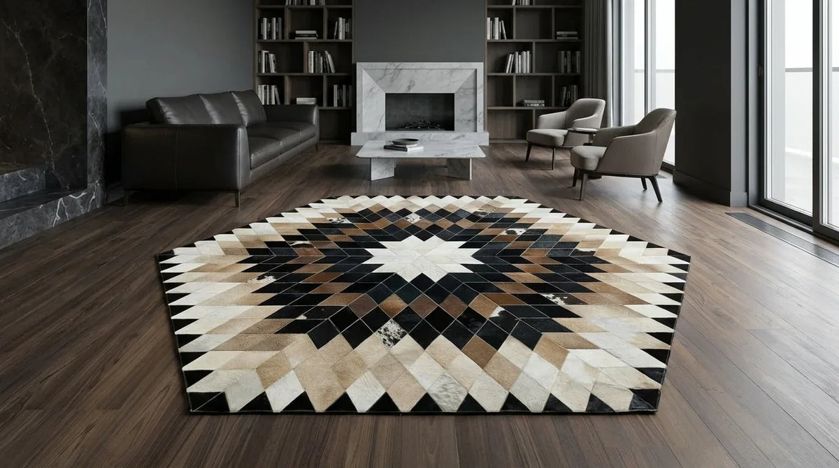Milano çatı katı tarzı oturma odasında siyah beyaz patchwork halı
