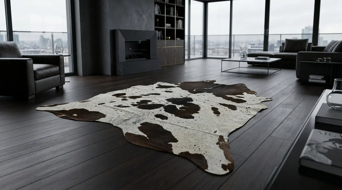 Black and White cowhide rug on hardwood floor in milano penthouse living room
