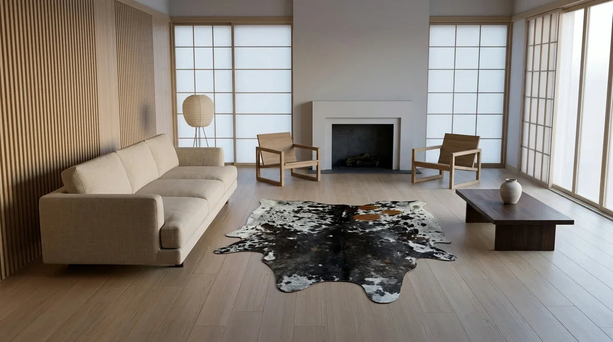 Black and White cowhide rug on hardwood floor in tokyo minimal living room