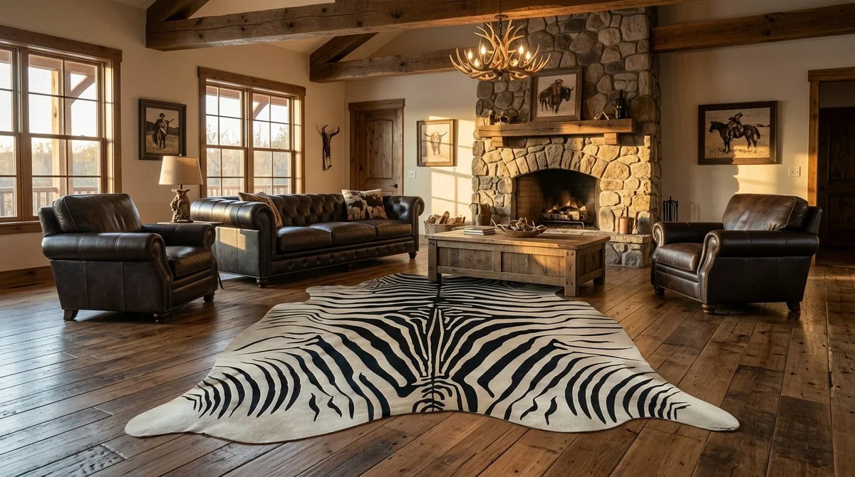 Black and White cowhide rug on hardwood floor in texas ranch living room