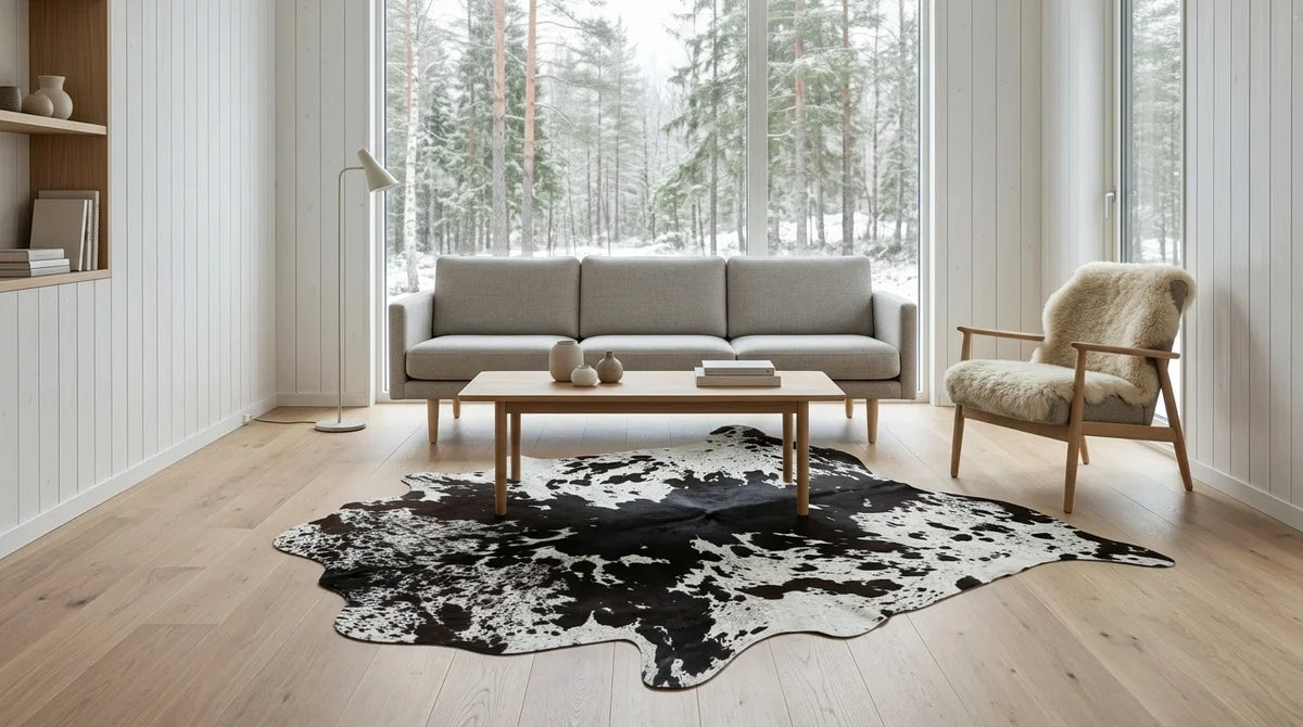 Black and White cowhide rug on hardwood floor in scandinavian cabin living room