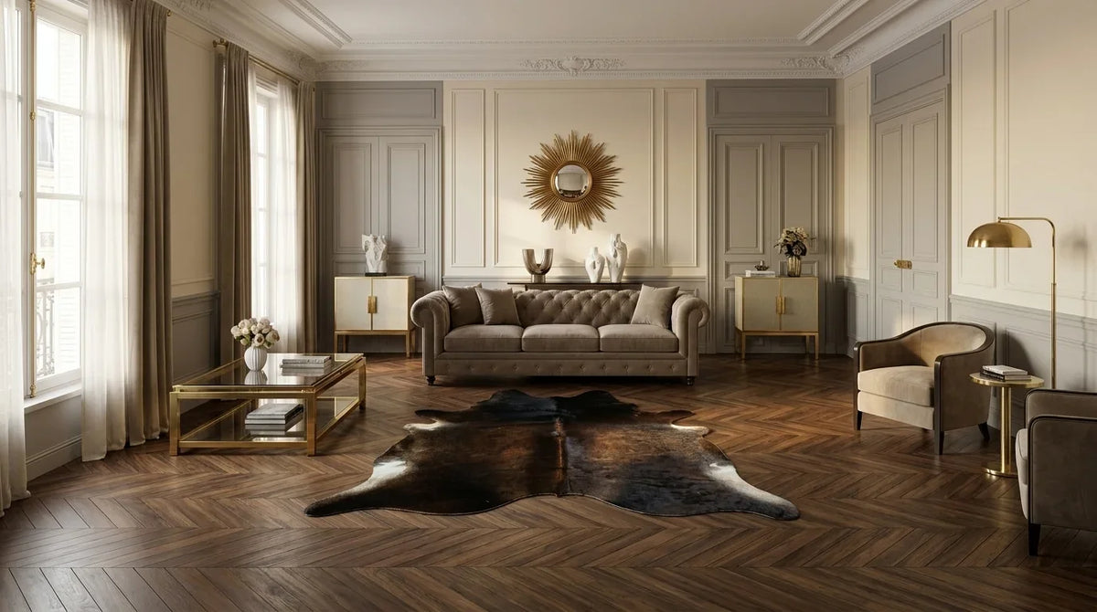 Black and White cowhide rug on hardwood floor in parisian artdeco living room