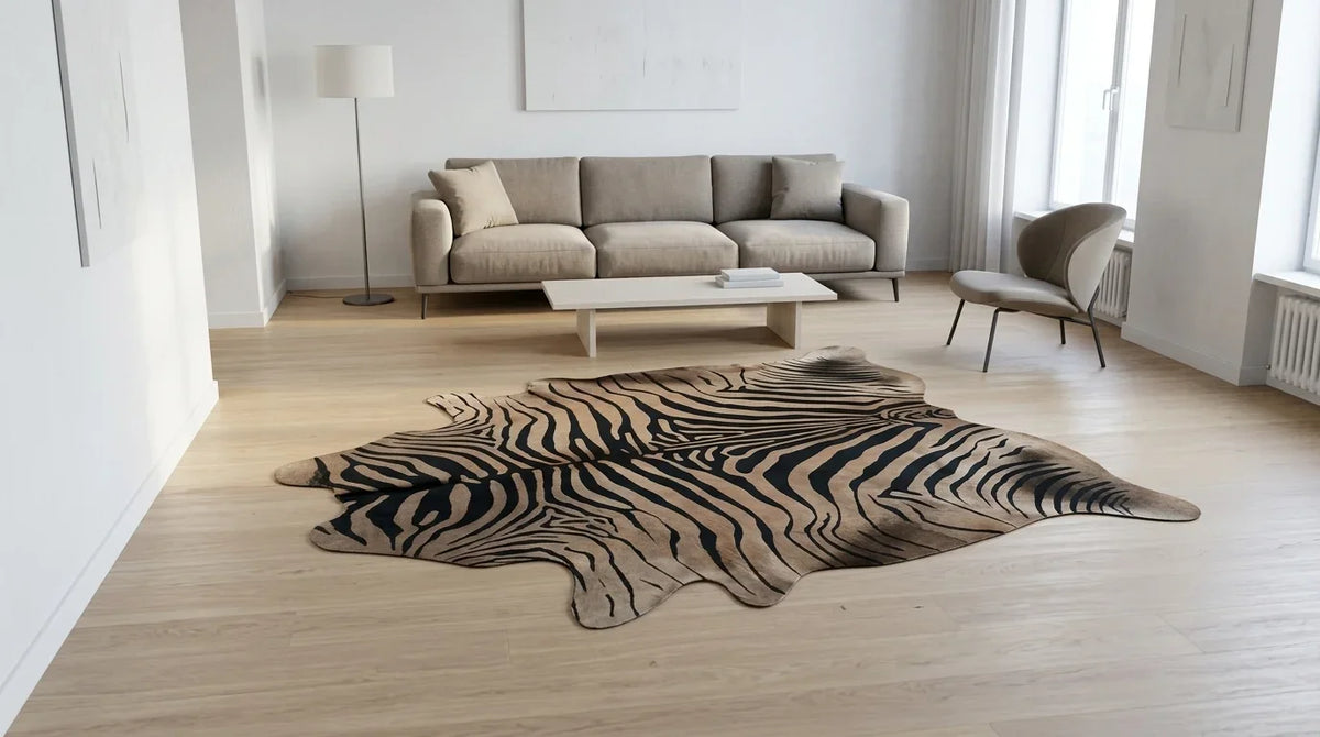 Black and White cowhide rug on hardwood floor in contemporary european living room
