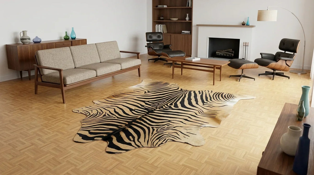 Black and White cowhide rug on hardwood floor in midcentury modern living room