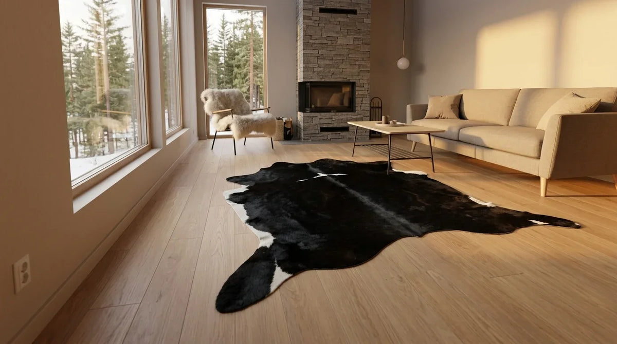 Black and White cowhide rug on hardwood floor in scandinavian cabin living room