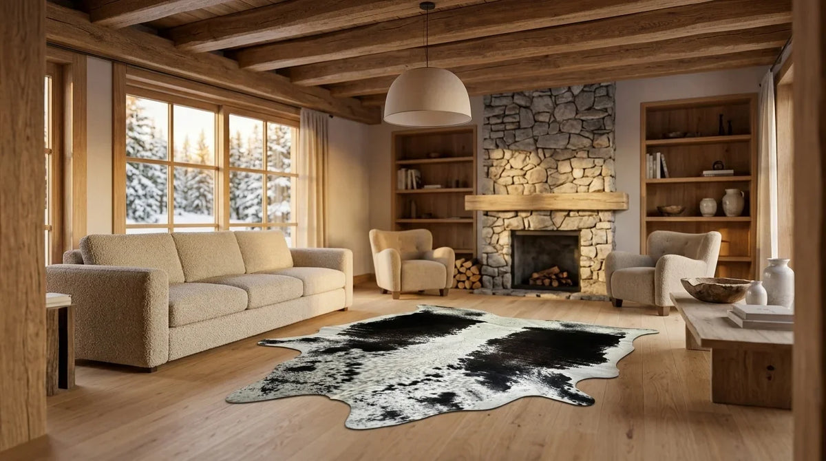 Black and White cowhide rug on hardwood floor in modern chalet living room