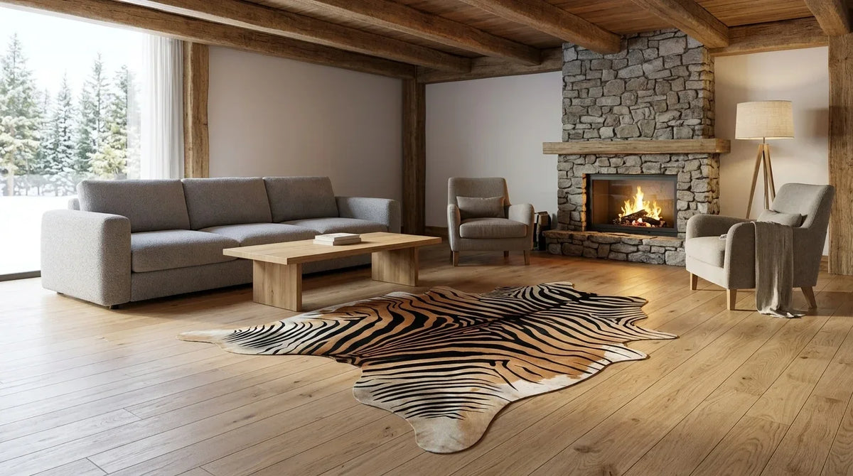 Black and White cowhide rug on hardwood floor in modern chalet living room