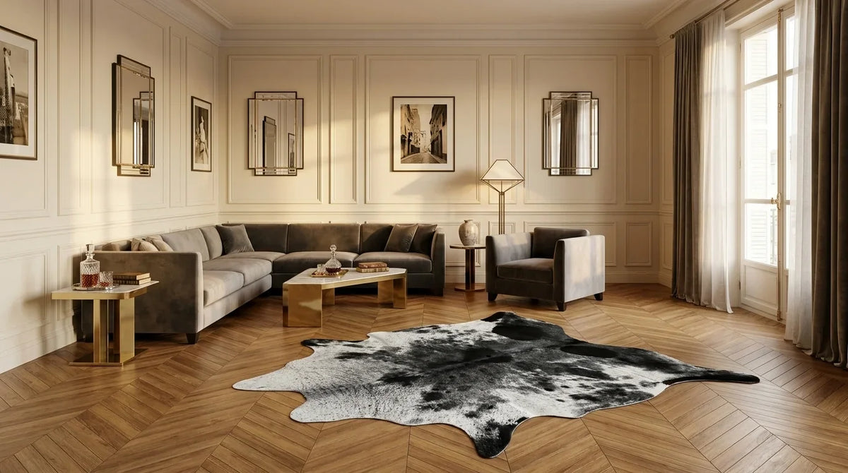 Black and White cowhide rug on hardwood floor in parisian artdeco living room
