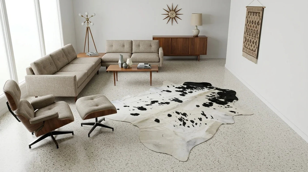 Black and White cowhide rug on hardwood floor in midcentury modern living room