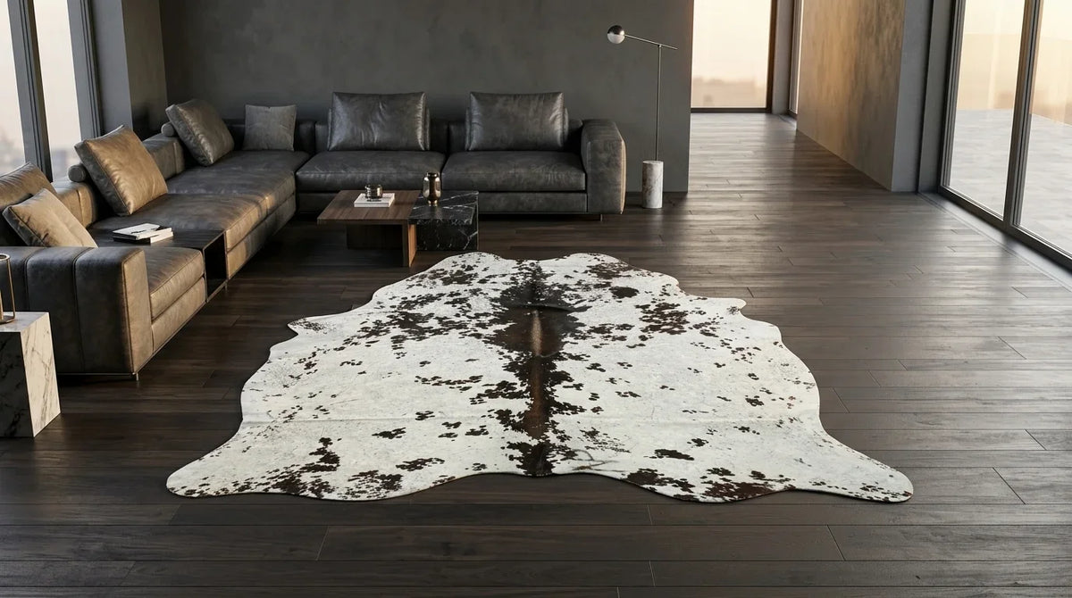 Black and White cowhide rug on hardwood floor in milano penthouse living room