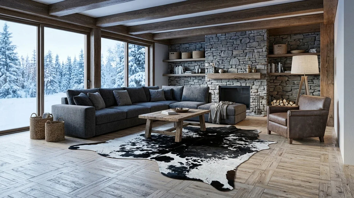 Black and White cowhide rug on hardwood floor in modern chalet living room