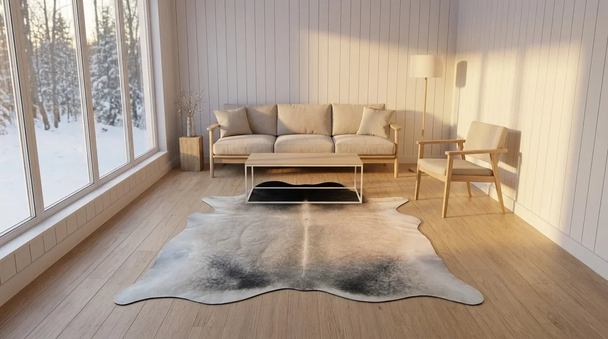 Black and White cowhide rug on hardwood floor in scandinavian cabin living room
