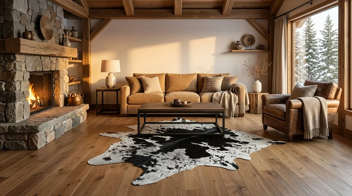 Black and White cowhide rug on hardwood floor in modern chalet living room