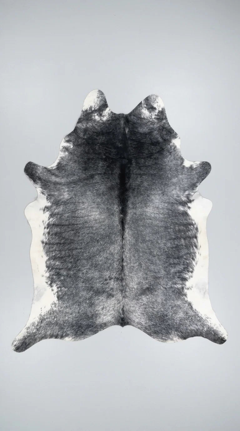 Black and White cowhide rug flat lay on white background showing full hide shape