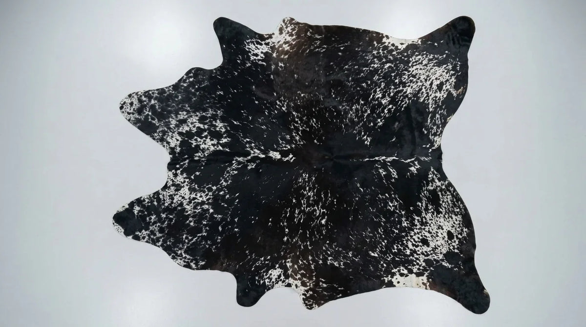 Black and White cowhide rug flat lay on white background showing full hide shape