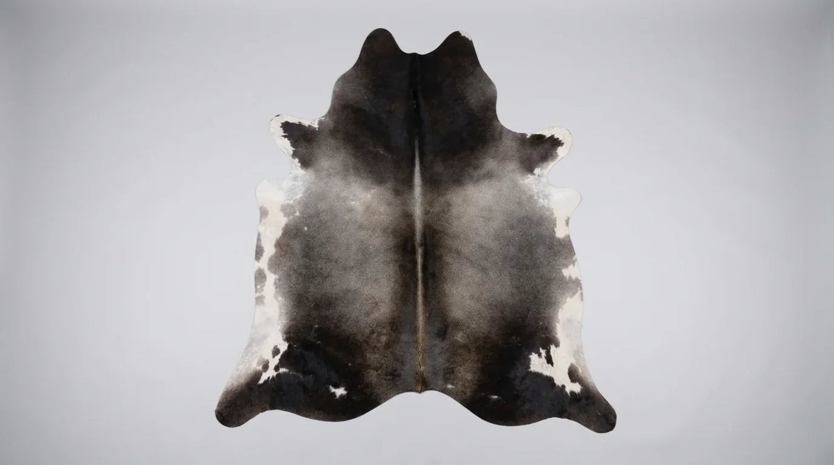 Black and White cowhide rug flat lay on white background showing full hide shape