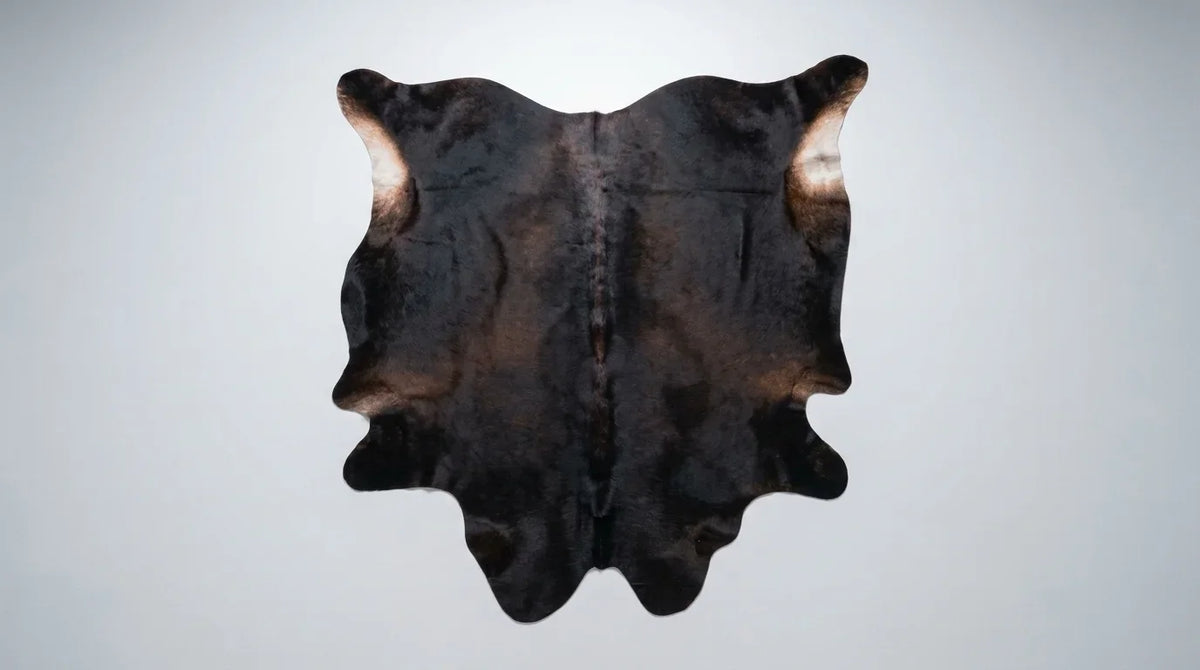 Black and White cowhide rug flat lay on white background showing full hide shape