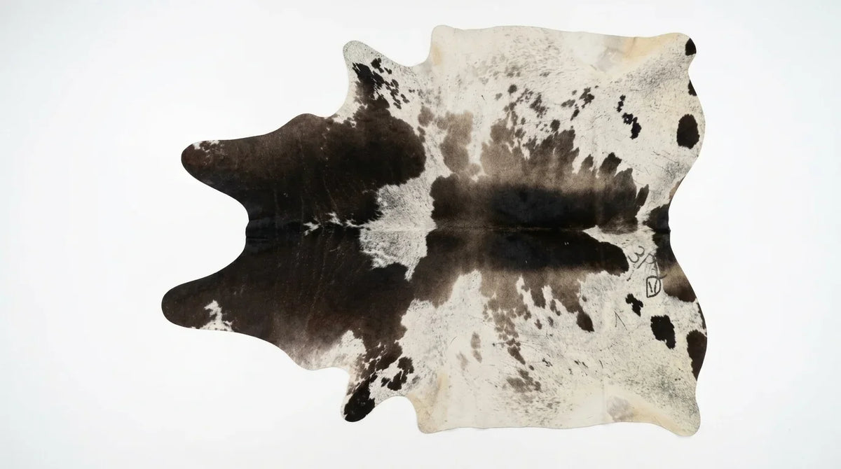Black and White cowhide rug flat lay on white background showing full hide shape