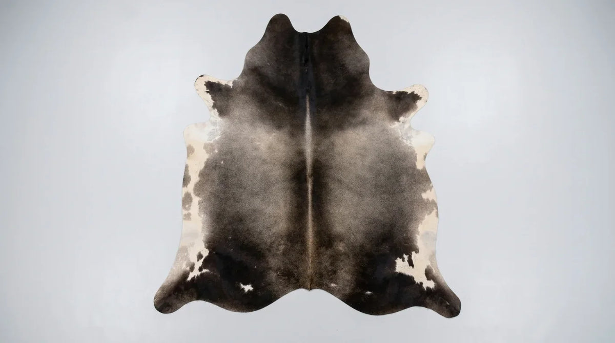 Black and White cowhide rug flat lay on white background showing full hide shape