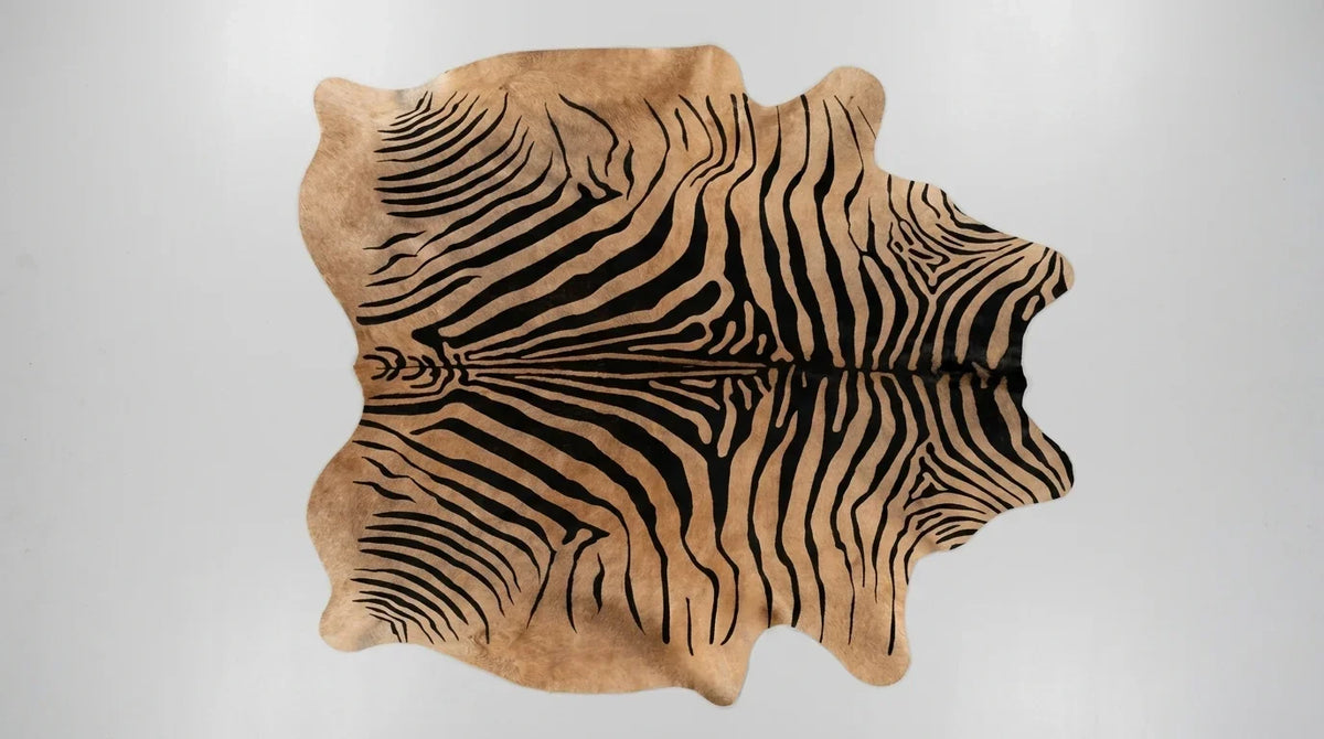 Black and White cowhide rug flat lay on white background showing full hide shape