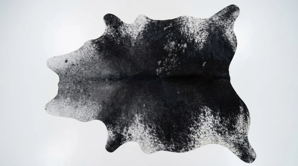 Black and White cowhide rug flat lay on white background showing full hide shape