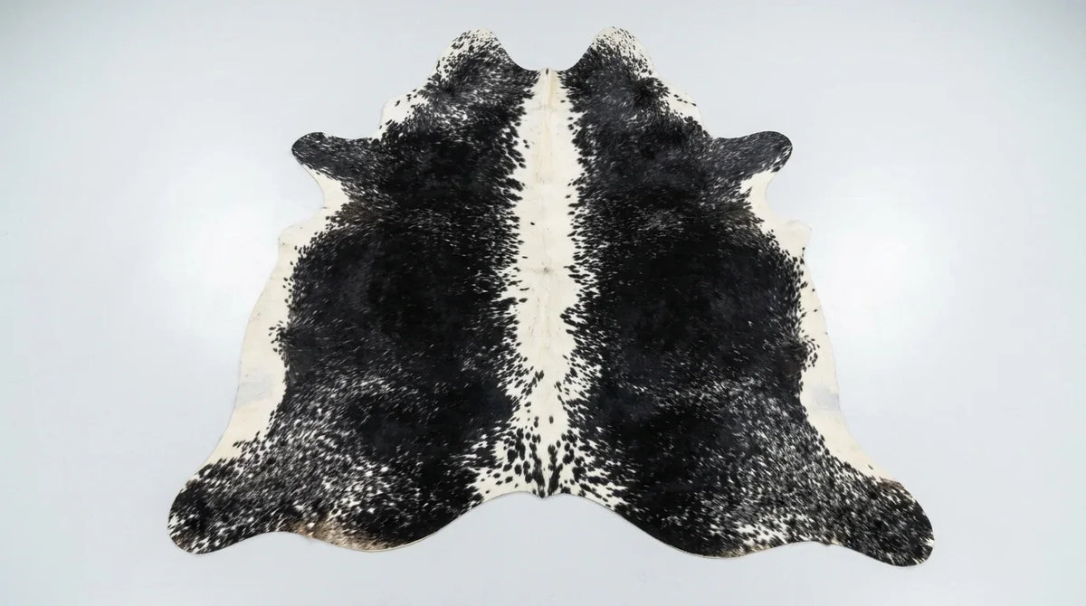 Black and White cowhide rug flat lay on white background showing full hide shape
