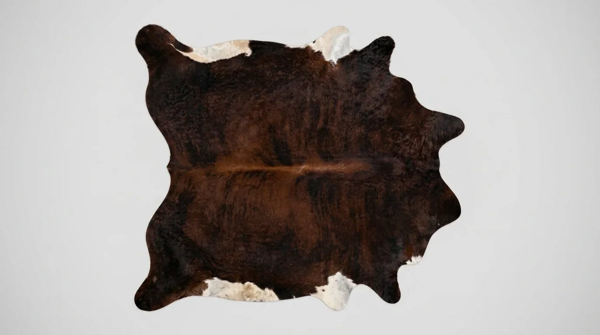 Black and White cowhide rug flat lay on white background showing full hide shape