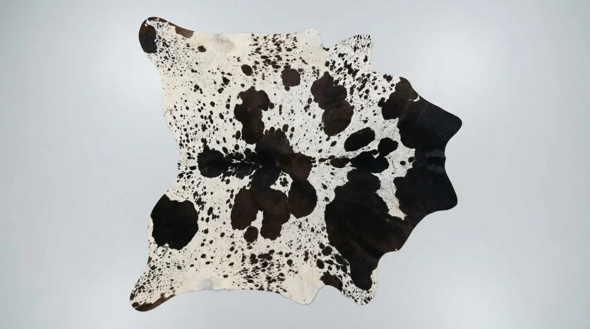 Black and White cowhide rug flat lay on white background showing full hide shape