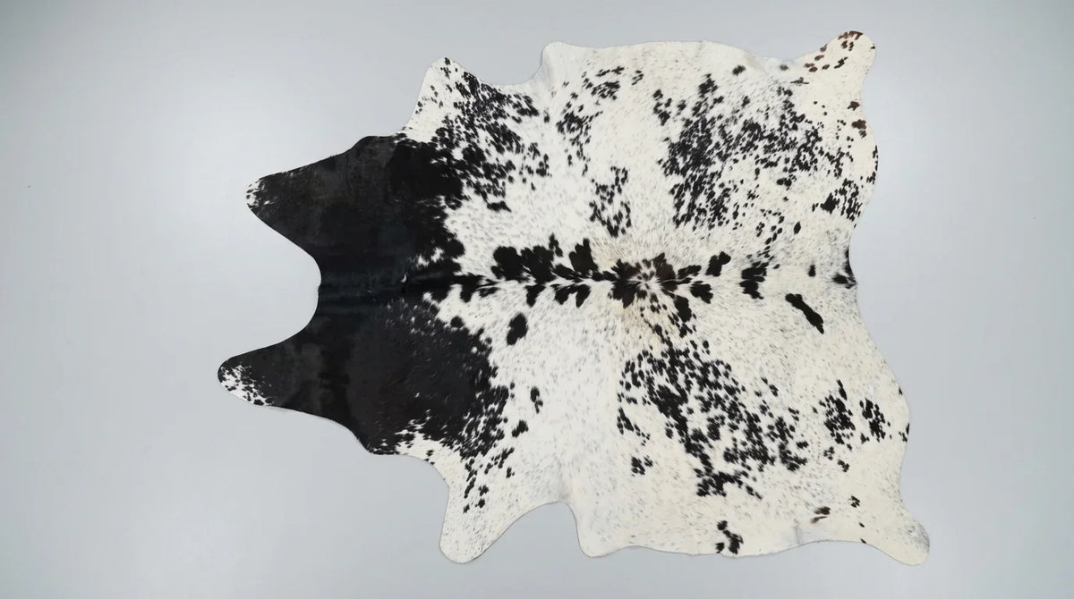 Black and White cowhide rug flat lay on white background showing full hide shape