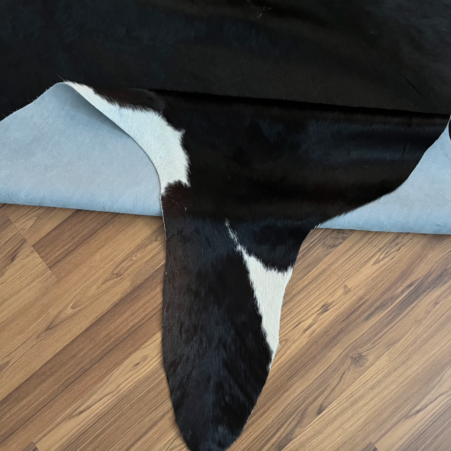 Close-up texture of Black and White cowhide rug — Large irregular black patches with white markings on sides and center chest