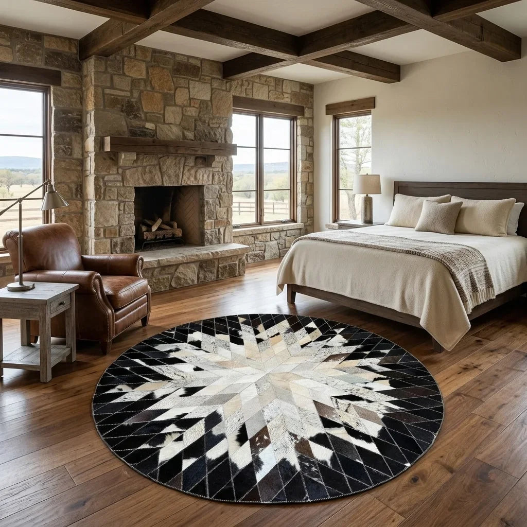 Black and White round cowhide rug beside bed in texas ranch bedroom