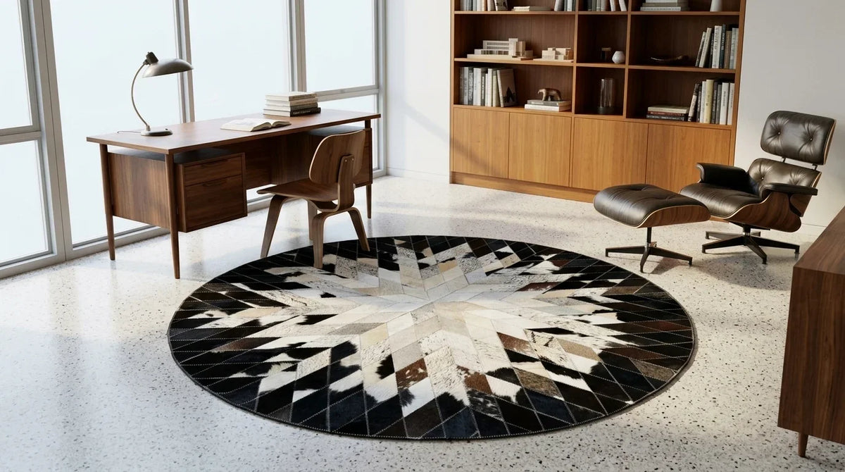 Black and White round cowhide rug under desk in midcentury modern home office