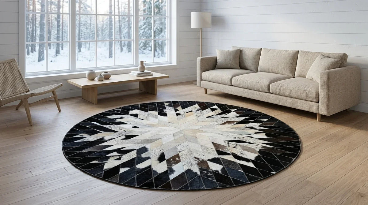 Black and White round cowhide rug on hardwood floor in scandinavian cabin living room